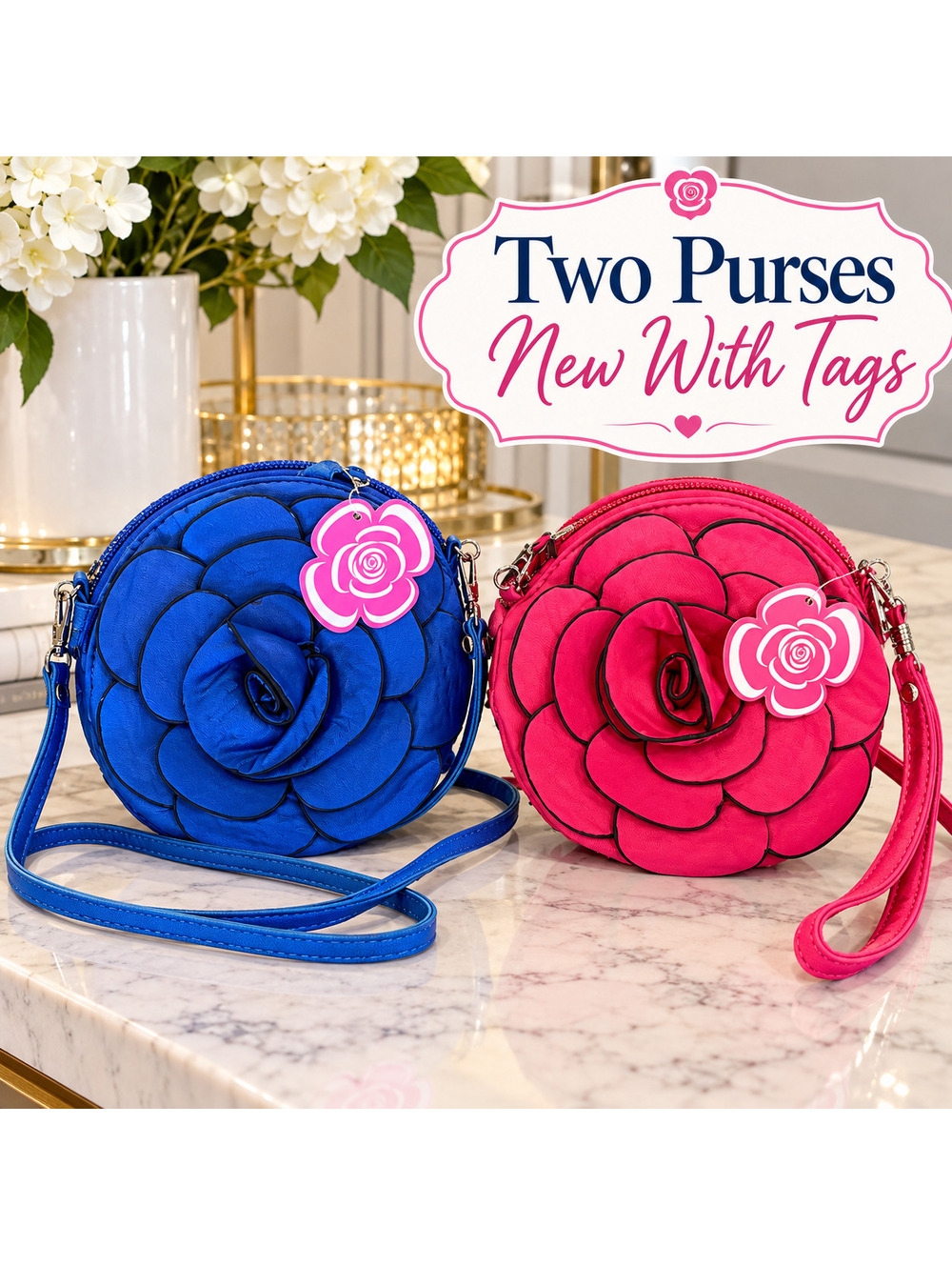 Set of 2 |  3D Rose Petal Round Crossbody Purses Blue & Pink NWT